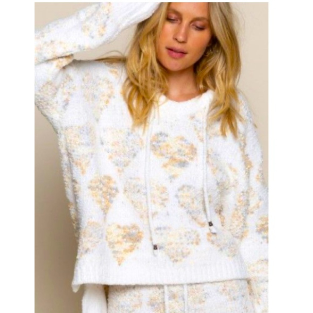 POL Heart Print Hi-Lo Sweater-Wht/Almond Large - Picture 2 of 8